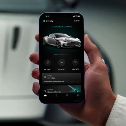 Connectivity app displayed on phone of Aston Martin DB12