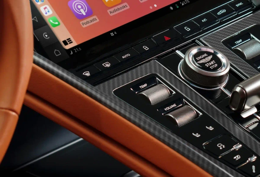 Upclose view of Aston Martin DB12 center console controls